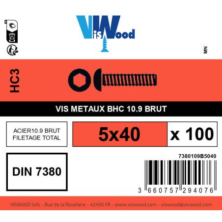 Boite 100 vis métaux 5 x 40mm tête Bombée Hexcreuse acier brut - Viswood