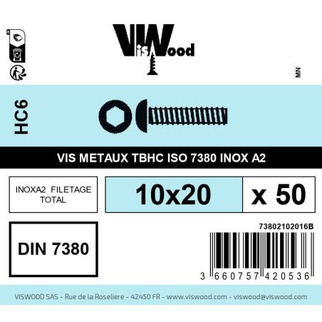 Boite 50 vis métaux 10 x 20mm tête Bombée Hexcreuse inox A2 - Viswood