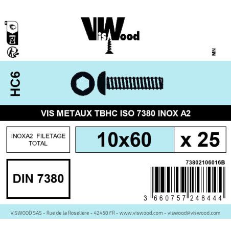 Boite 25 vis métaux 10 x 60mm tête Bombée Hexcreuse inox A2 - Viswood