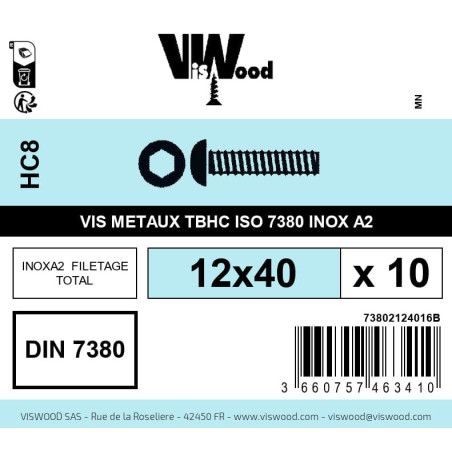 Boite 10 vis métaux 12 x 40mm tête Bombée Hexcreuse inox A2 - Viswood