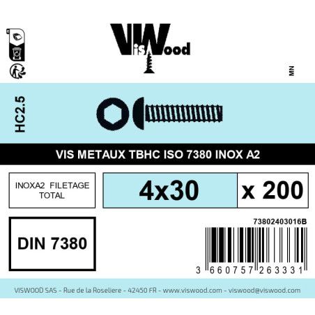 Boite 200 vis métaux 4 x 30mm tête Bombée Hexcreuse inox A2 - Viswood