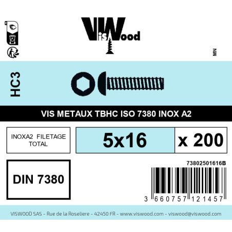 Boite 200 vis métaux 5 x 16mm tête Bombée Hexcreuse inox A2 - Viswood