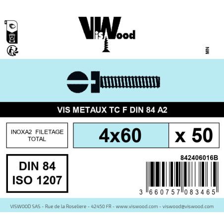 Boite 50 vis métaux 4 x 60mm tête cylindrique Fendue inox A2 - Viswood