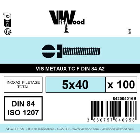 Boite 100 vis métaux 5 x 40mm tête cylindrique Fendue inox A2 - Viswood