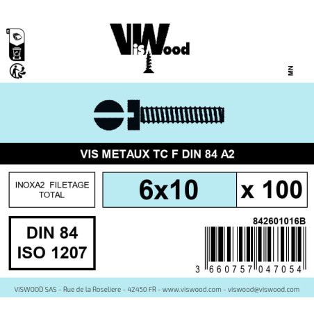 Boite 100 vis métaux 6 x 10mm tête cylindrique Fendue inox A2 - Viswood