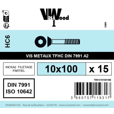 Boite 15 vis métaux 10 x 100mm tête fraisée Hexcreuse inox A2 - Viswood
