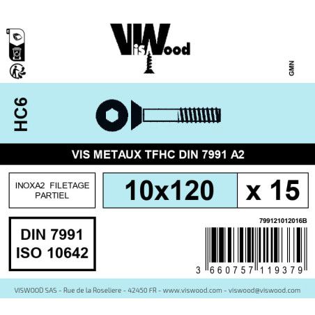 Boite 15 vis métaux 10 x 120mm tête fraisée Hexcreuse inox A2 - Viswood