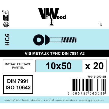 Boite 20 vis métaux 10 x 50mm tête fraisée Hexcreuse inox A2 - Viswood
