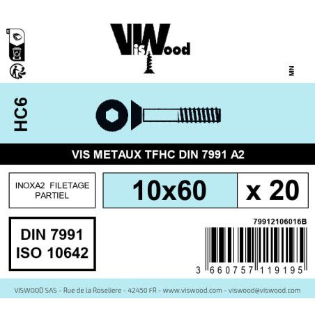 Boite 20 vis métaux 10 x 60mm tête fraisée Hexcreuse inox A2 - Viswood