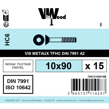 Boite 15 vis métaux 10 x 90mm tête fraisée Hexcreuse inox A2 - Viswood