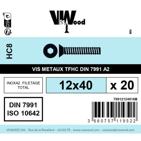 Boite 20 vis métaux 12 x 40mm tête fraisée Hexcreuse inox A2 - Viswood