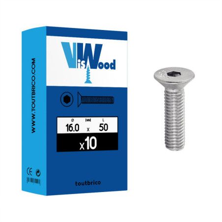 Boite 10 vis métaux 16 x 50mm tête fraisée Hexcreuse inox A2 - Viswood
