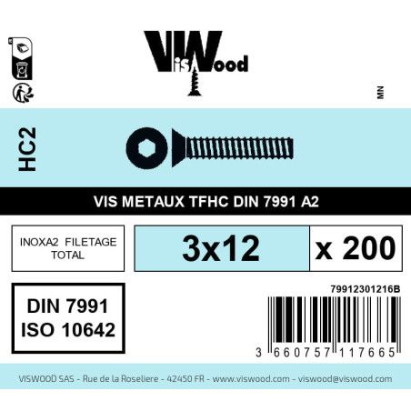 Boite 200 vis métaux 3 x 12mm tête fraisée Hexcreuse inox A2 - Viswood