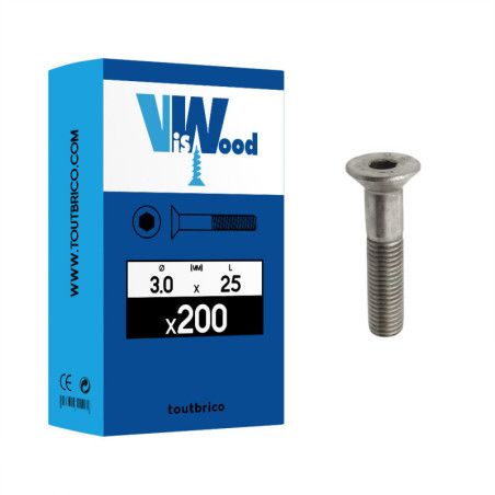 Boite 200 vis métaux 3 x 25mm tête fraisée Hexcreuse inox A2 - Viswood
