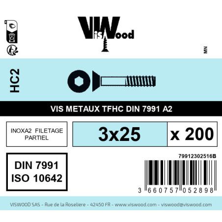 Boite 200 vis métaux 3 x 25mm tête fraisée Hexcreuse inox A2 - Viswood