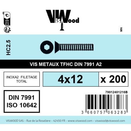 Boite 200 vis métaux 4 x 12mm tête fraisée Hexcreuse inox A2 - Viswood