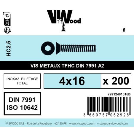 Boite 200 vis métaux 4 x 20mm tête fraisée Hexcreuse inox A2 - Viswood