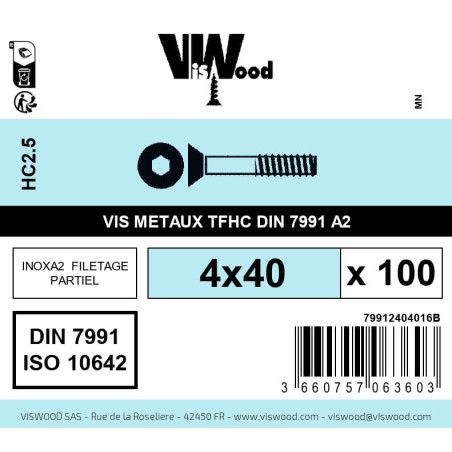 Boite 100 vis métaux 4 x 40mm tête fraisée Hexcreuse inox A2 - Viswood