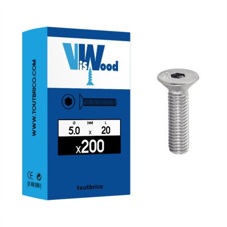 Boite 200 vis métaux 5 x 20mm tête fraisée Hexcreuse inox A2 - Viswood