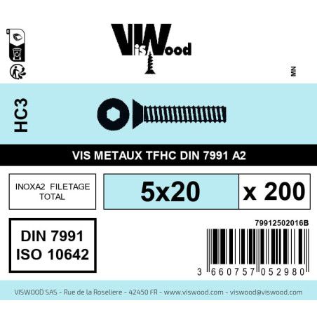 Boite 200 vis métaux 5 x 20mm tête fraisée Hexcreuse inox A2 - Viswood