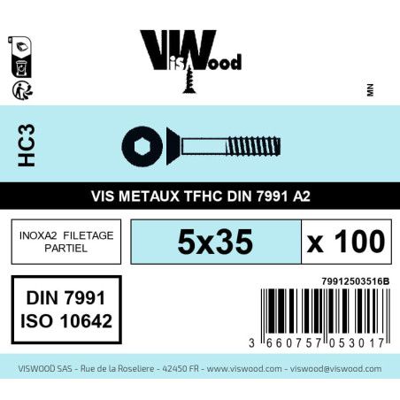 Boite 100 vis métaux 5 x 35mm tête fraisée Hexcreuse inox A2 - Viswood