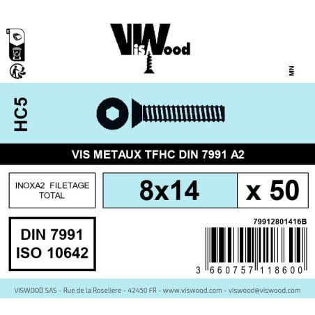 Boite 50 vis métaux 8 x 14mm tête fraisée Hexcreuse inox A2 - Viswood