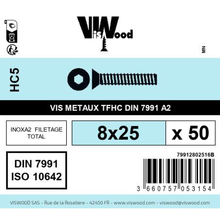 Boite 50 vis métaux 8 x 25mm tête fraisée Hexcreuse inox A2 - Viswood