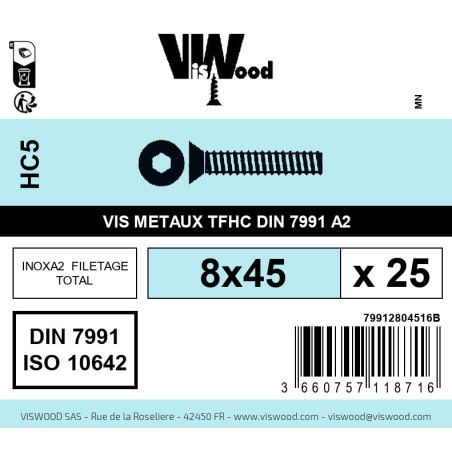 Boite 25 vis métaux 8 x 45mm tête fraisée Hexcreuse inox A2 - Viswood