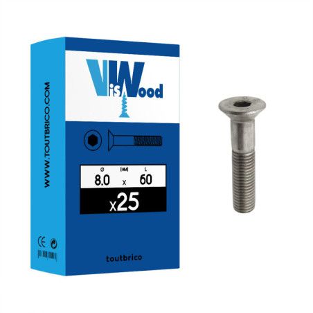 Boite 25 vis métaux 8 x 60mm tête fraisée Hexcreuse inox A2 - Viswood