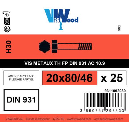 Boite 25 vis métaux 20 x 80/46mm tête hexagonale acier zingué blanc - Viswood