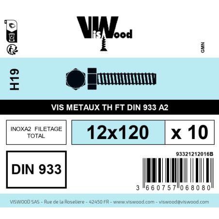 Boite 10 vis métaux 12 x 120mm tête hexagonale inox A2 - Viswood