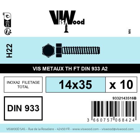 Boite 10 vis métaux 14 x 35mm tête hexagonale inox A2 - Viswood