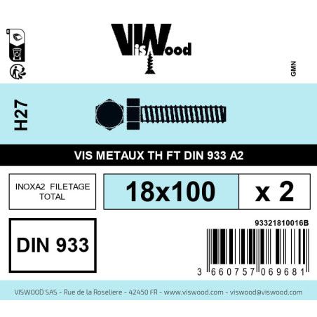 Boite 2 vis métaux 18 x 100mm tête hexagonale inox A2 - Viswood