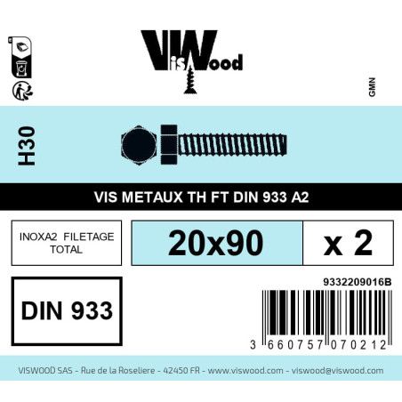 Boite 2 vis métaux 20 x 90mm tête hexagonale inox A2 - Viswood