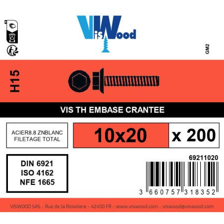Boite 200 vis métaux 10 x 20mm tête hexagonale acier zingué blanc - Viswood