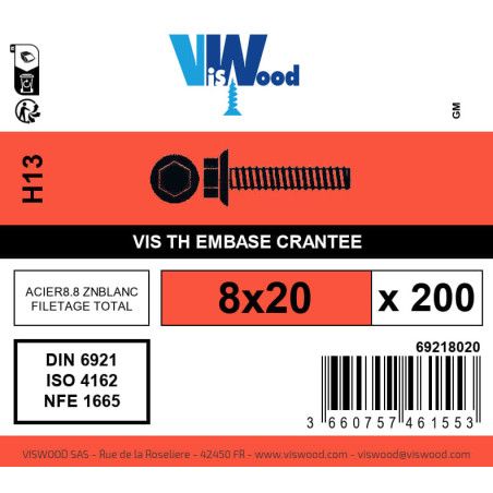 Boite 200 vis métaux 8 x 20mm tête hexagonale acier zingué blanc - Viswood