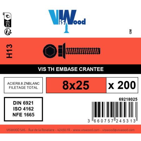 Boite 200 vis métaux 8 x 25mm tête hexagonale acier zingué blanc - Viswood