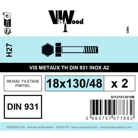 Boite 2 vis métaux 18 x 130/48mm tête hexagonale inox A2 - Viswood