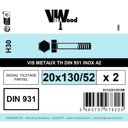 Boite 2 vis métaux 20 x 130/52mm tête hexagonale inox A2 - Viswood