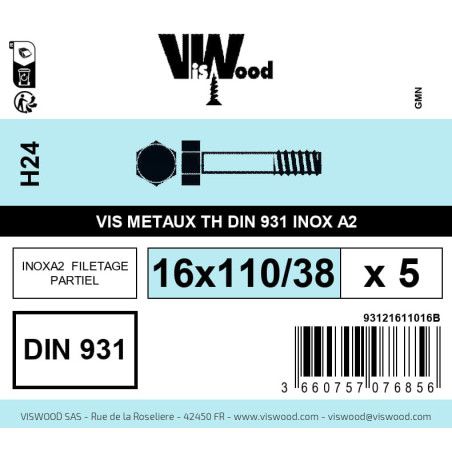Boite 5 vis métaux 16 x 110/38mm tête hexagonale inox A2 - Viswood