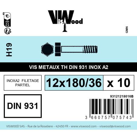 Boite 10 vis métaux 12 x 180/36mm tête hexagonale inox A2 - Viswood