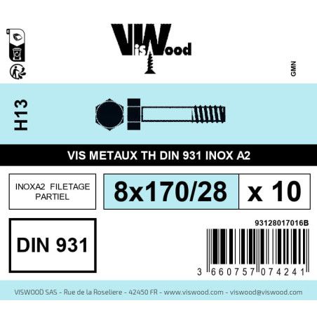 Boite 10 vis métaux 8 x 170/28mm tête hexagonale inox A2 - Viswood