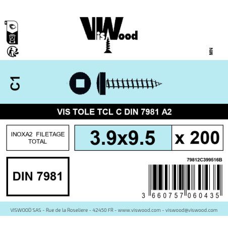 Boite 200 vis tole 3.9 x 9.5mm tête cylindrique carrée inox A2 - Viswood