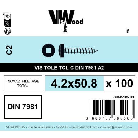 Boite 100 vis tole 4.2 x 50.8mm tête cylindrique carrée inox A2 - Viswood