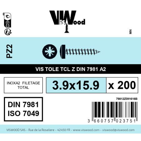 Boite 200 vis tole 3.9 x 15.9mm tête cylindrique pozidriv inox A2 - Viswood