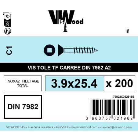 Boite 200 vis tole 3.9 x 25.4mm tête fraisée carrée inox A2 - Viswood
