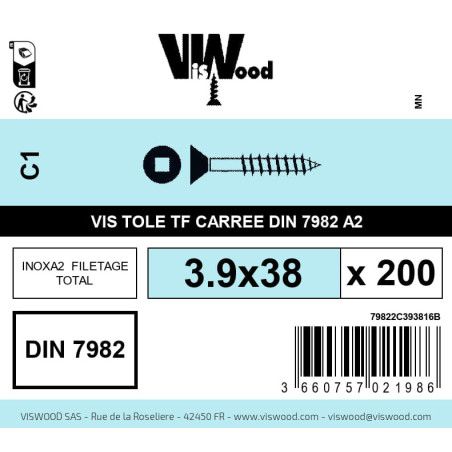 Boite 200 vis tole 3.9 x 38mm tête fraisée carrée inox A2 - Viswood