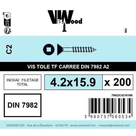 Boite 200 vis tole 4.2 x 15.9mm tête fraisée carrée inox A2 - Viswood