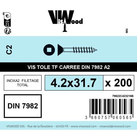 Boite 200 vis tole 4.2 x 31.7mm tête fraisée carrée inox A2 - Viswood