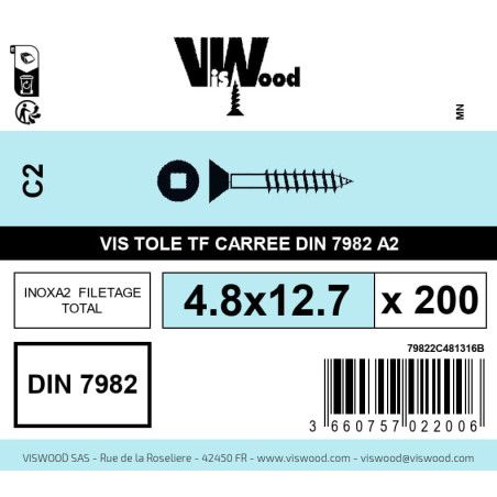 Boite 200 vis tole 4.8 x 12.7mm tête fraisée carrée inox A2 - Viswood
